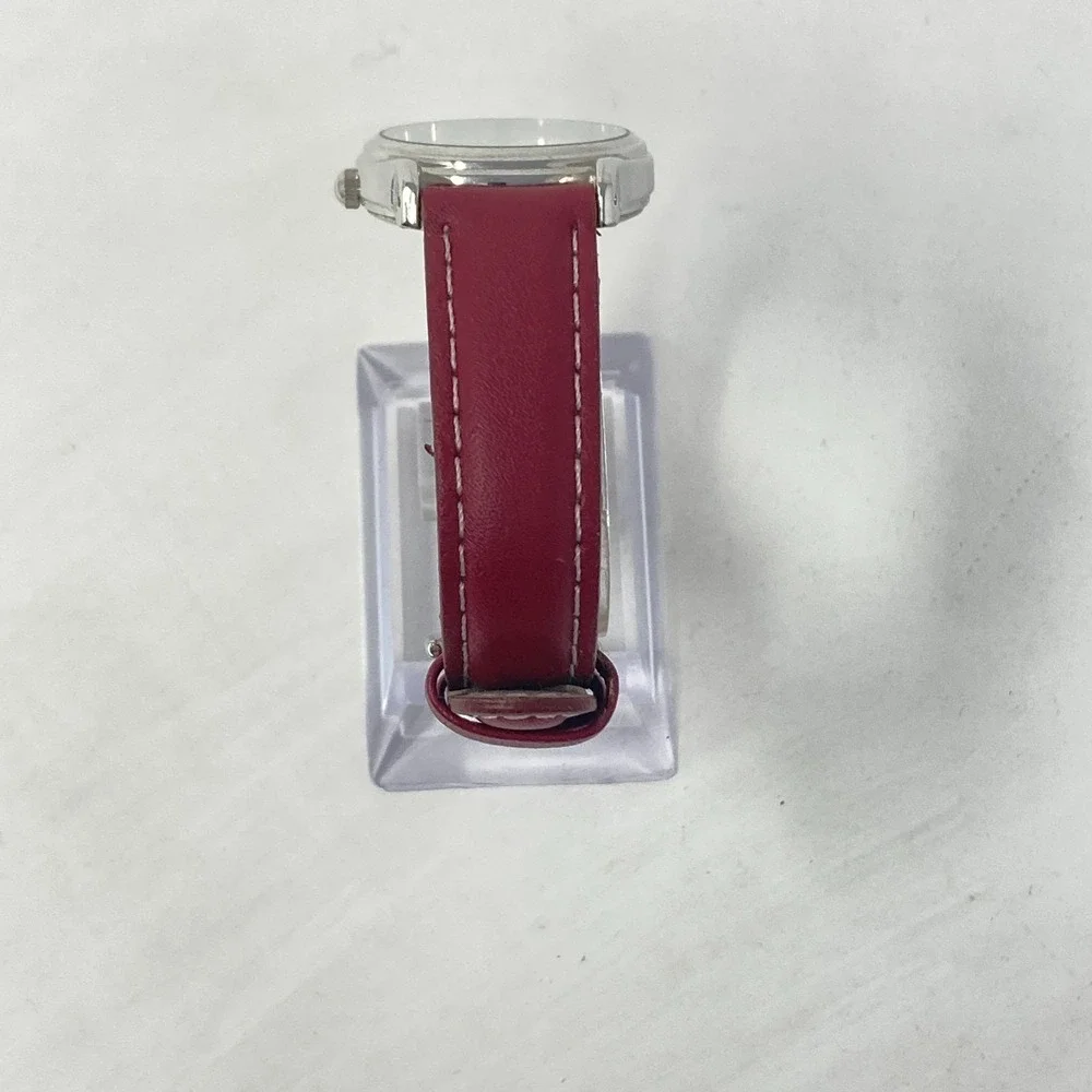 Sharp Womens Easy Reader Watch 29mm Silver Tone Date Red Leather 30M New Battery